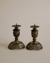 Load image into Gallery viewer, Pierced Brass Candlestick Pair