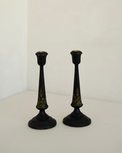 Load image into Gallery viewer, Black and Gilt Candlestick Pair
