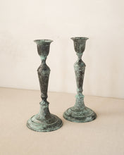 Load image into Gallery viewer, Brass Verdigris Candlestick Pair
