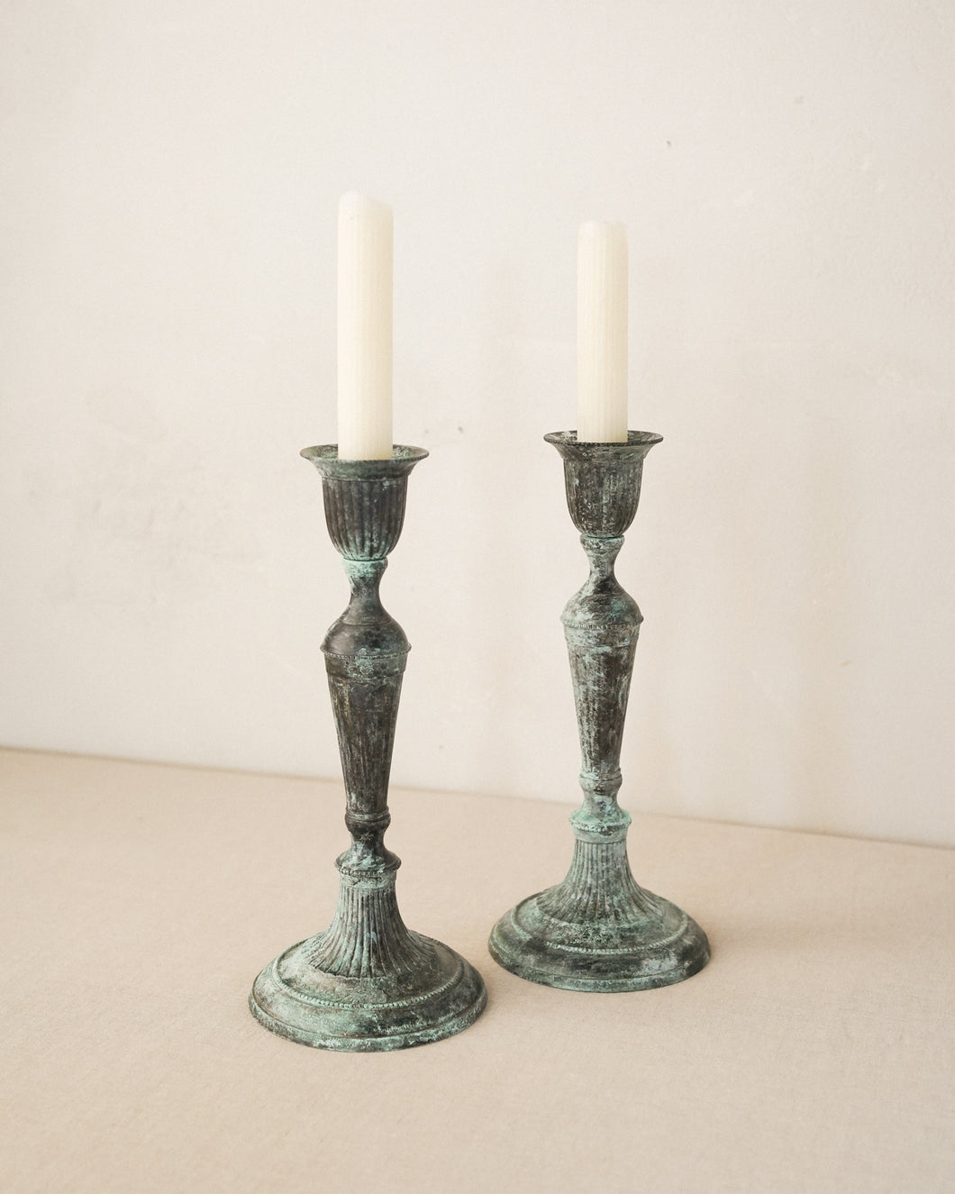 Brass Verdigris Candlestick Pair