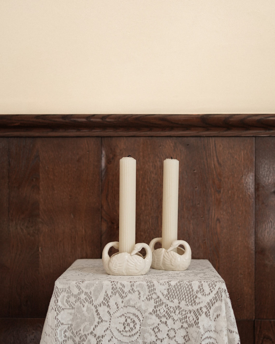 White Ceramic Swan Candleholder Set
