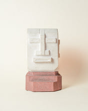 Load image into Gallery viewer, Vintage carved stone block head sculpture in a modernist style. Featuring a contrasting stone base and porous finish. Sourced in the United Kingdom. 
